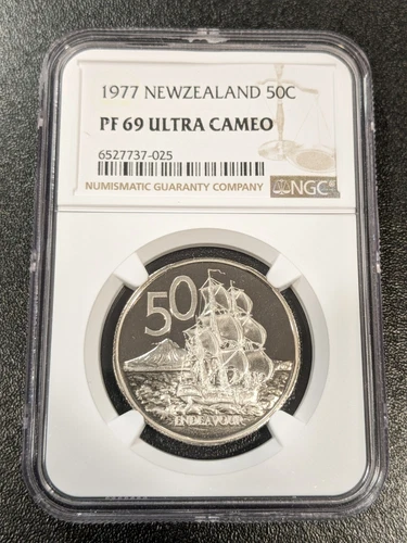 1977 PF69 Ultra Cameo New Zealand 50 Cents NGC KM 37.1 TOP POP  HMS Endeavor
