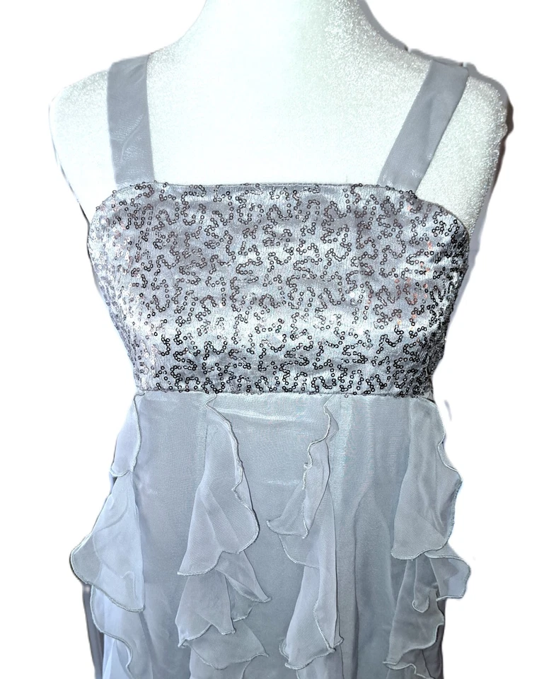 Niñas GEORGE Vestido de Fiesta Plateado Lentejuelas 16 Volantes Verticales Baile de graduación Formal Gris Tul Foto 2 de 4