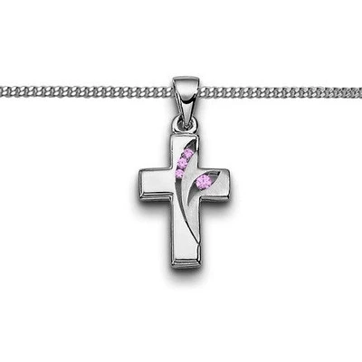 FACHHANDEL-DIREKT Mädchen Zirkonia Kreuz Anhänger pink Taufe Erst- Kommunion mit Kette Silber 925