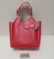Hello Kitty Red Tote Bag Tartan Check Ribbon PU Leather Sanrio Sholder Strap