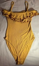 H&M Small Mustard Yellow Bodysuit Spaghetti Strap Stretchy Ruffle Flirty Summer*