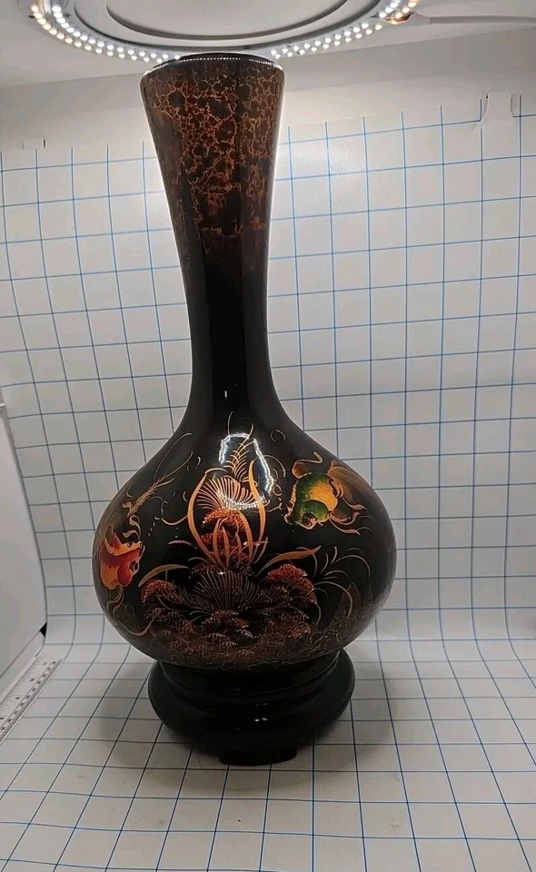 Jarrón grande vintage pintado a mano de laca vietnamita pieza llamativa  Foto 4 de 4