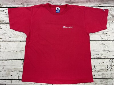 VTG 1990's Champion Script Spell Out Men's Solid Red Single Stitch T-Shirt - L