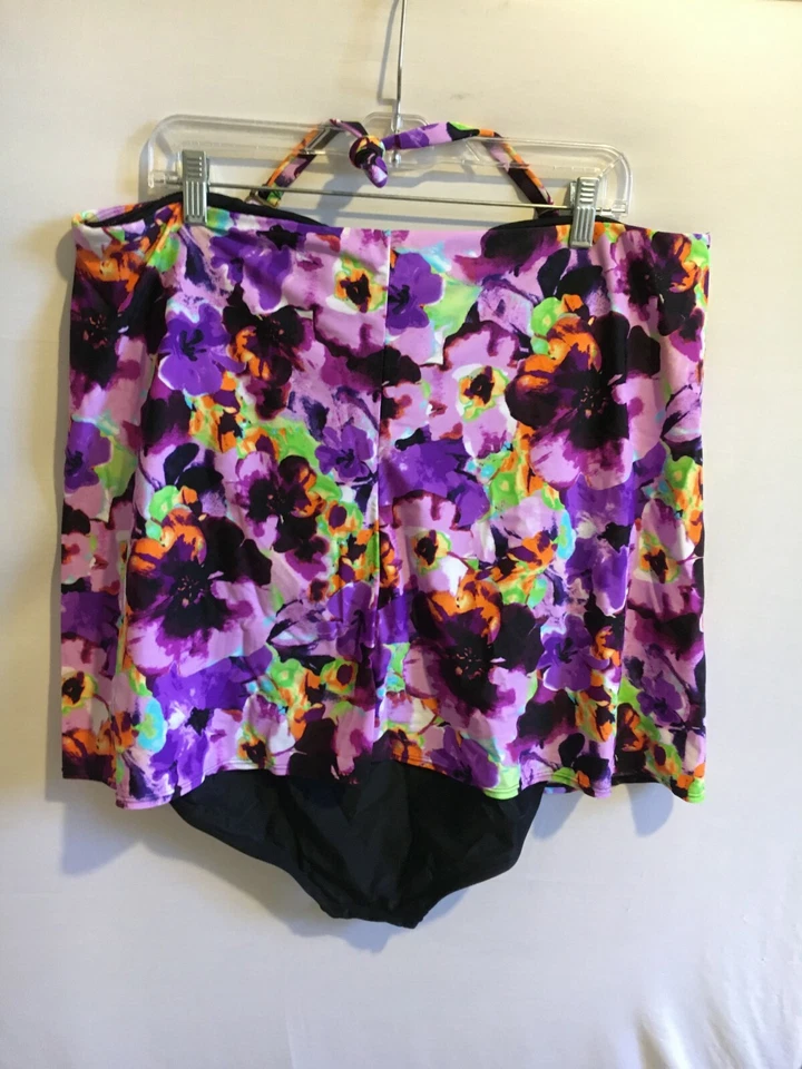 Traje de baño para mujer St. Tropez negro con superposición floral de una pieza talla grande 24W cuello atado Foto 3 de 4