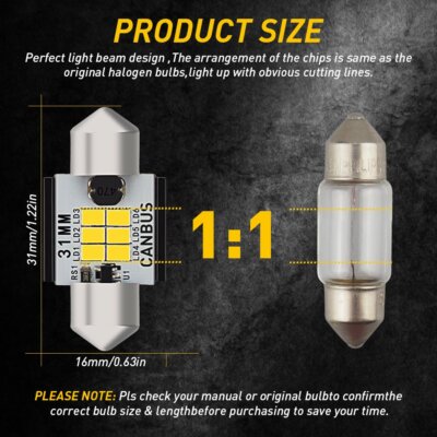 DE3175 6000K LED Map/Dome Interior Light Bulbs 31MM Festoon Fit