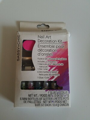 SASSY + CHIC NAIL ART DECO KIT 6 FASHION COLORS GLITTER BOTTLES + GLUE *NEW*