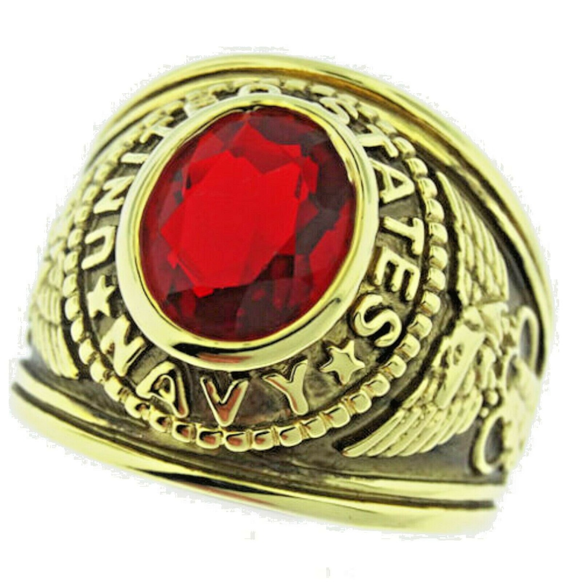 US Navy Red Ring CZ crystal stone 18kt yellow gold Military
