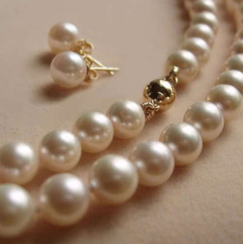 Charm 8MM White Akoya shell Pearl Necklace + Earring AAA 18" - Picture 1 of 1