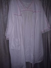 Vintage Komar Antron Nylon White With Pink 2 Pc Nightgown and Robe Set Size LG