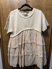 Mustard Seed A-Line Dress Beige Cotton Ruffle Short Sleeve Lightweight M