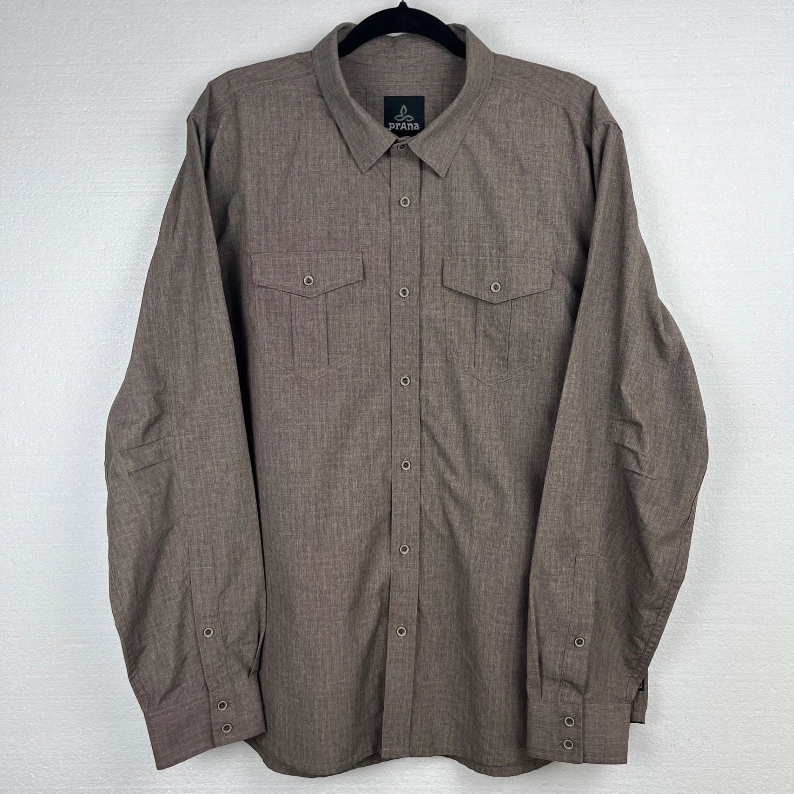 Prana Mens Long Sleeve Button Up Shirt Brown XL Outdoor Casual Hiking