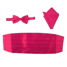 Mens Cummerbund Bow Tie Handkerchief Set 3 PCS Rose Red Tuxedo Prom Wedding