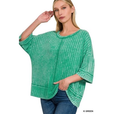 391-L/XL Zenana Ribbed Top K Green NWT Drop Shoulder Half Sleeve Mineral Wash