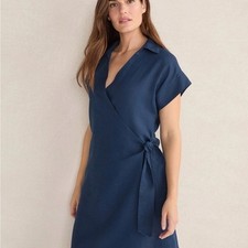 Haven Well Within 100% Linen Wrap Dress Navy Blue Size Small  Coastal Minimalist