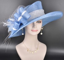 Light Blue W White Kentucky Derby Hat, Royal Ascot Hat, Tea Wedding Party Hat