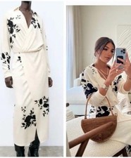 ZARA JACQUARD FLORAL CREAM/ECRU/ BLACK WRAP DRESS SIZE L UK 12/14 4886/472 BNWT 