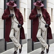 Burgundy Wool Men's Overcoats Wide Peak Lapel Casual Outdoor Winter Long Coats