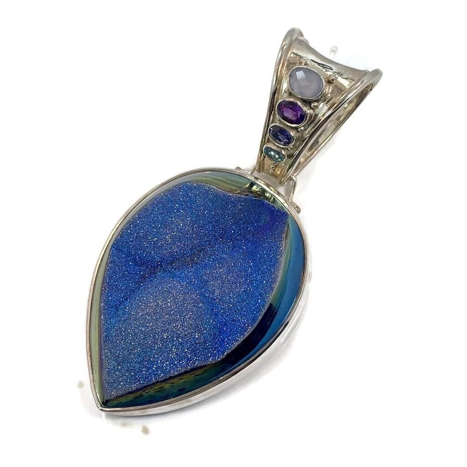 Druzy Pendant, Amethyst, Sterling Silver, Iolite, Blue Topaz, Calcedony, Sajen - Image 2 of 4