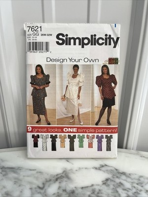 Simplicity 7621 Top w Back Peplum, Statement Sleeve & Skirts PLUS 26W-32W UNCUT