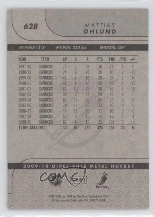 2009-10 O-Pee-Chee Mattias Ohlund #628 - Image 2 of 2