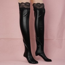 Womens Shiny Wet Look Long Stockings Thigh-High Lace Night Clubwear PVC Leather