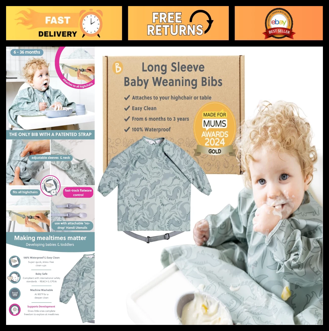 Long Sleeve Baby Bibs for Toddlers 6-36 Months - Waterproof, Easy Wipe Coverall