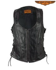 Premium Black Ladies Leather Biker Club Vest With Pink Stitching  Side Laces