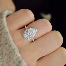 Lab-Created 3CT Pear Shape Diamond Halo Engagement Ring Gift 14K White Gold Over