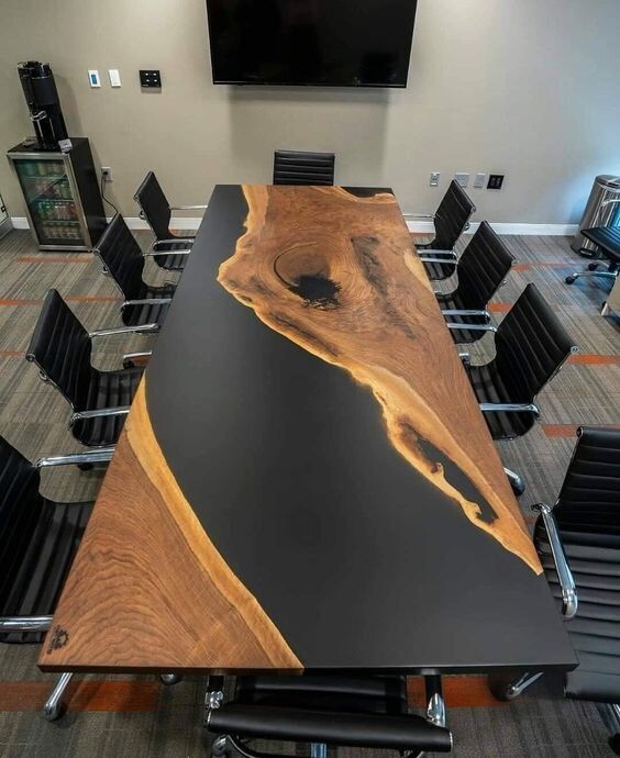 Black Solid Epoxy Coffee , Dining Table Top Walnut Wooden Hand-made Table-image