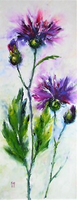 Disteln Blumen Original Ölgemälde Wandbild Wanddeko Leinwand 8 x 20 cm