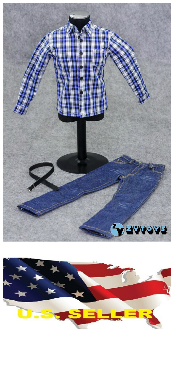 Blue Plaid  Long Sleeve Shirt Jeans For Hot Toys ❶us❶