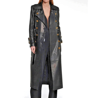 Women's Genuine Lambskin Leather Trench Coat Long Black Button