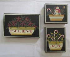 Yellowware Bowl Christmas Primitive Signs LOT SET 3pc Joy Believe Snowman NEW