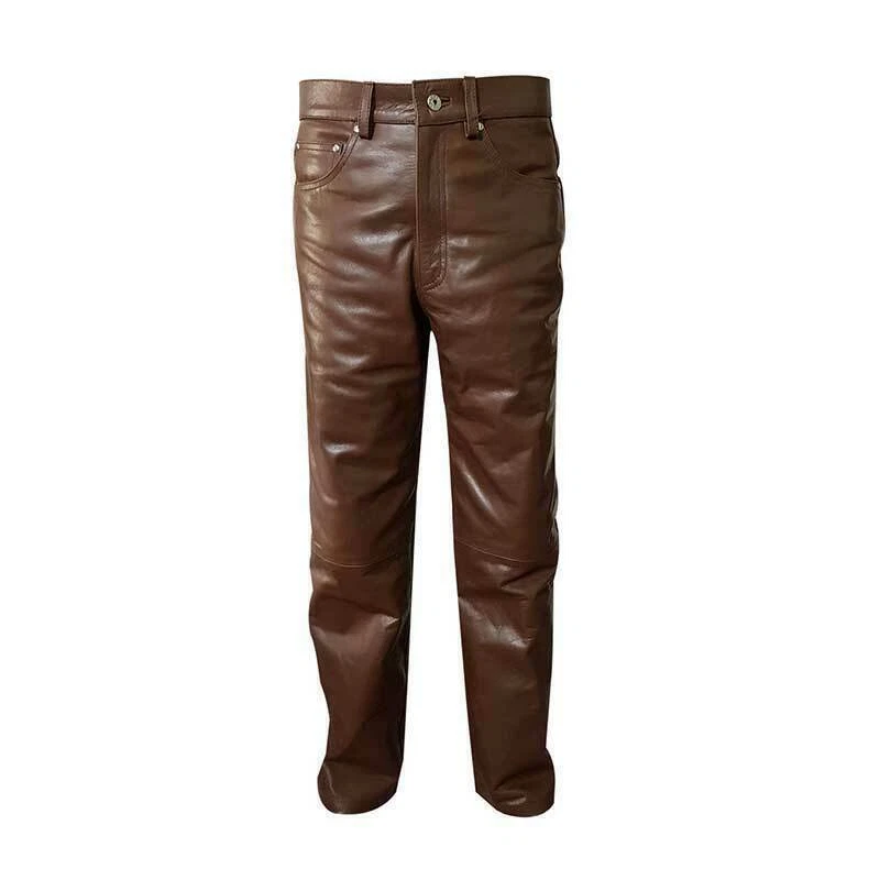 New Men's Brown Leather Pant Soft Lambskin Style Slim Fit Moto Biker Pant