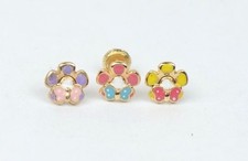 14k Yellow Gold Baby Enamel Flower earrings with butterfly, Screw Back