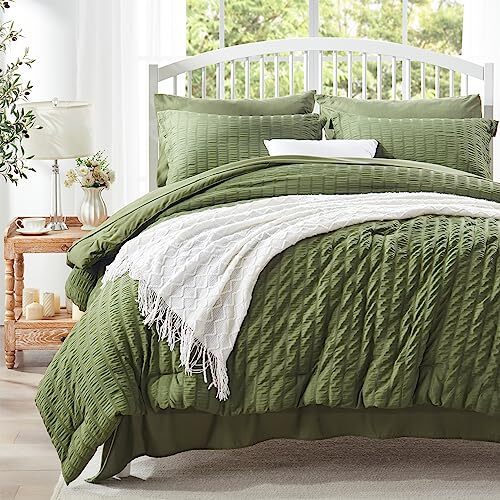 Queen Comforter Set 7 pieces, Olive Green Seersucker Bed in a Bag with 