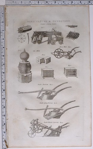 1786 ORIGINAL PRINT AGRICULTURE & HUSBANDRY FALLOW CLEANSING MACHINE BEE HIVE