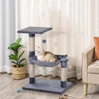 PawHut Cat Tree Scratch Post with Bed Hammock Sisal for Indoor Cats Grey