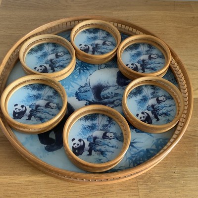 Vintage Bambus Panda Serviertablett & Untersetzer Set 60er Retro Japan China 