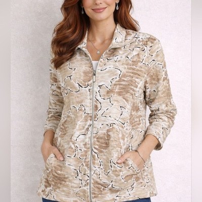 Chico's Weekends Jacket Beige Whispy Florals Zip Front Textured Knit Sz 3 (16)
