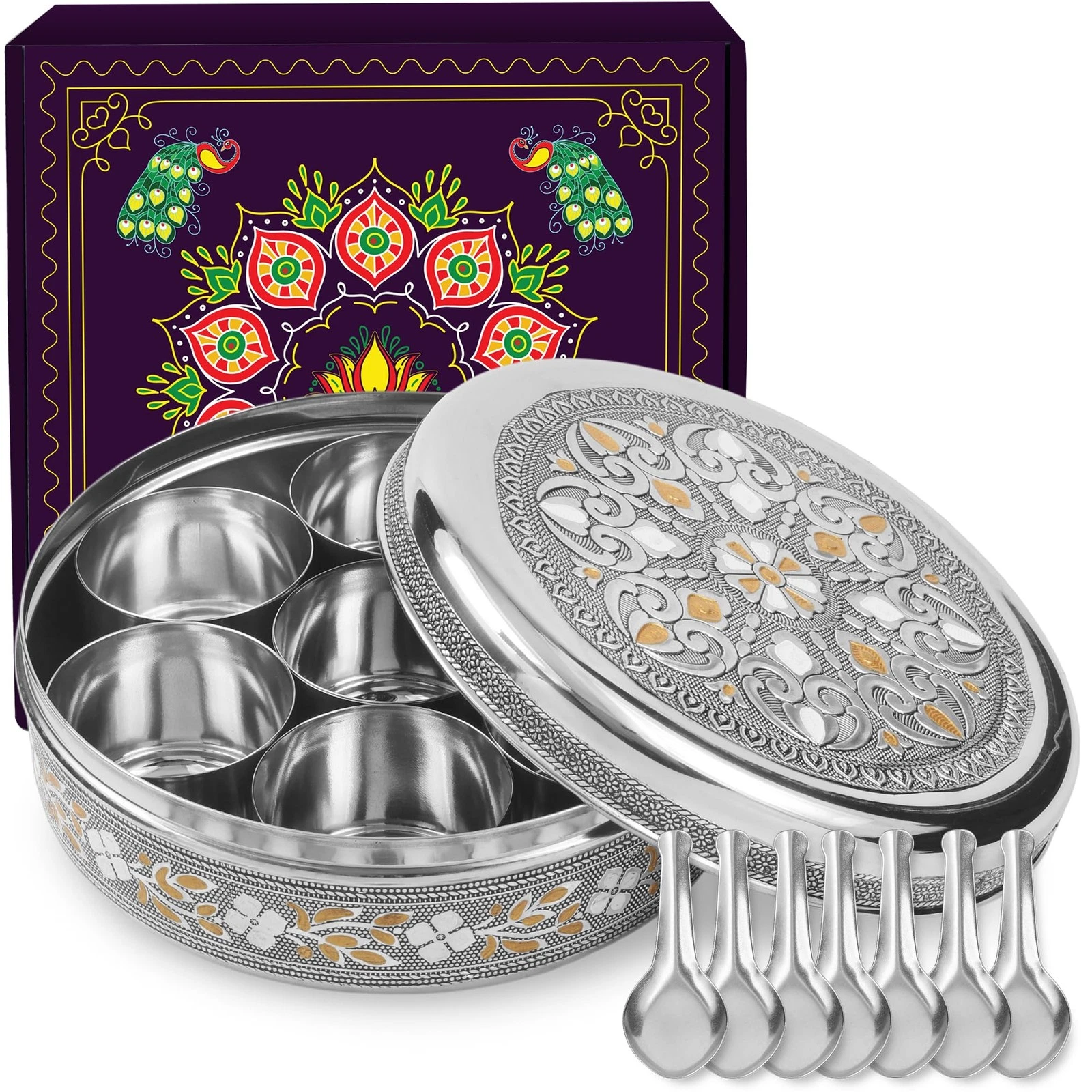 KSJONE Designer Spice Box, 7 Spice Jars, Holds 7 Spices, Steel Spice Containe...