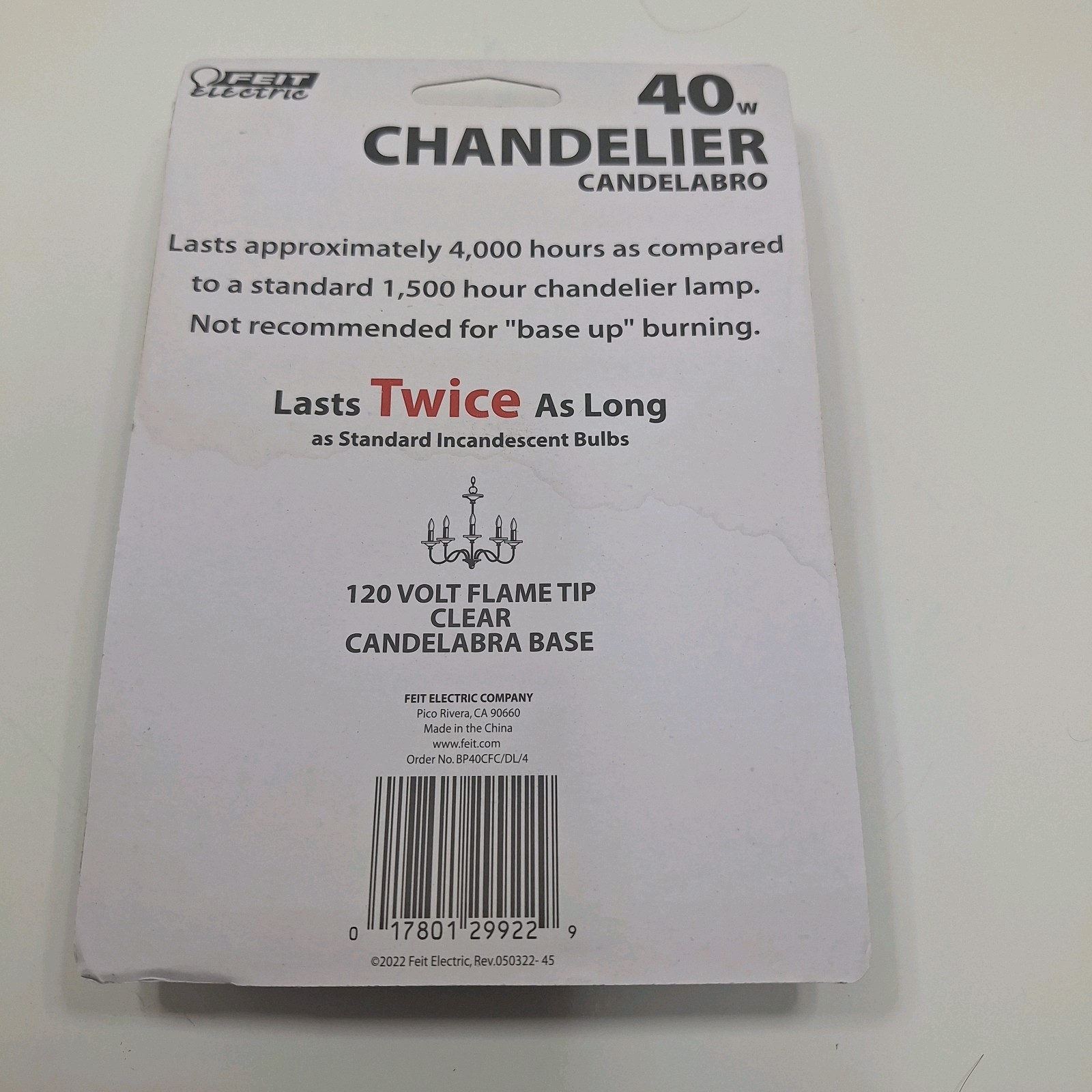Feit Electric Chandelier 4 bulbs 40 W Light Bulbs Candelabra Base-9922