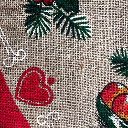 Vtg Christmas Tree Skirt Scandinavian Gnomes Cats & Hearts Painted Jute Burlap - Picture 4 of 9