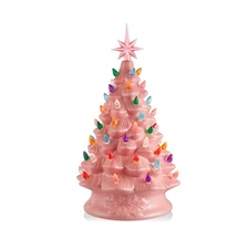 15" Pre-Lit Hand Painted Pink Ceramic Christmas Tree Tabletop Decor with Lights