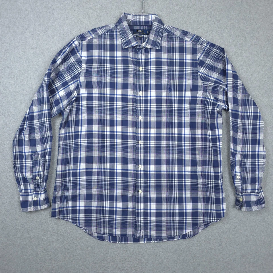 Polo Ralph Lauren Shirt Mens XL Blue Performance Smart Casual Plaid Long Sleeve - Image 2 of 4