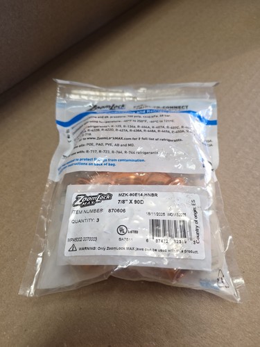 Parker ZoomLock MAX 870606 Refrigerant Press Fittings 7/8" x 90D Elbow Pack Of 3