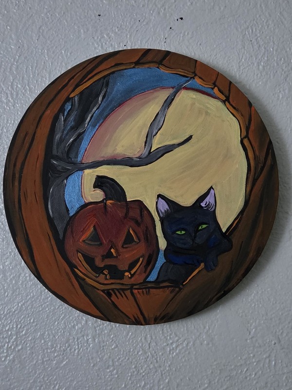Halloween Abstract Painting  Cat Abstract Painting  10inch Round Canvas Acrylic