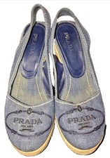 PRADA Logo Named denim wedge espadrille slingback shoes 39.5