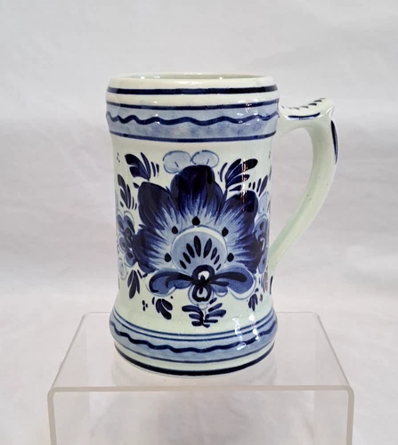Vintage Delft Blue Hand Painted Coffee Mug Stein Floral Numbered Made In Holland