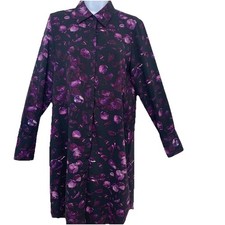 Prologue Shirt Dress Black Purple Small Long Sleeve Knee Length Button Front